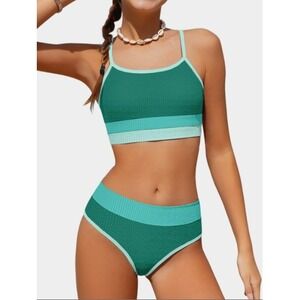 Girls Swimsuit 2 Piece Casual Color-Block Bikini Sets 15 16 yrs Teen Green Aqua